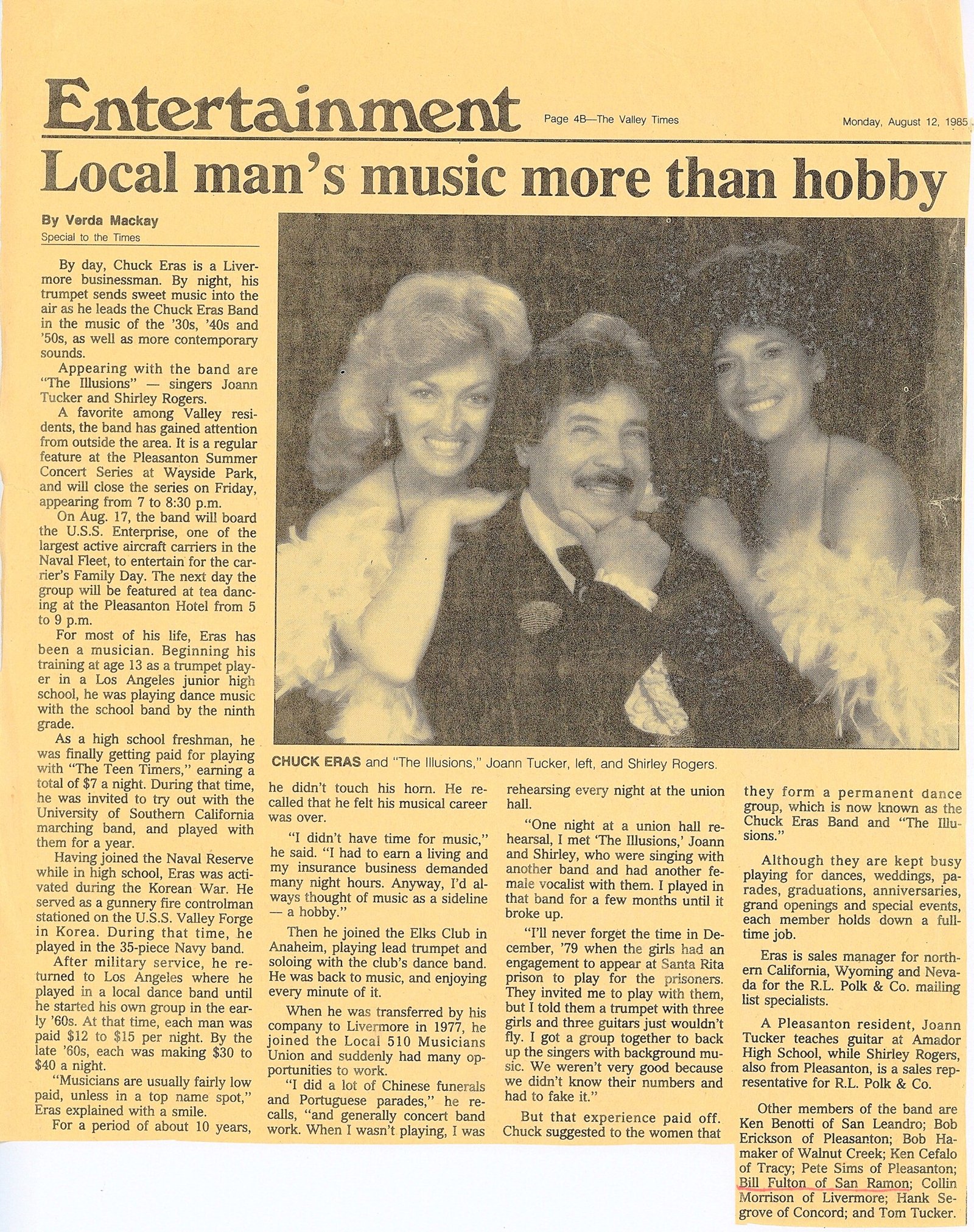 1985 Valley Times newspaper article featuring Chuck Eras and the Illusions with pianist Bill Fulton