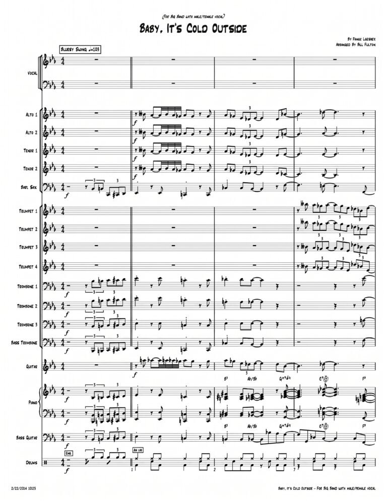 Bill Fulton sheet music arrangement of Baby It's Cold Outside for big band